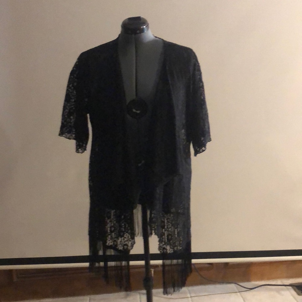Black floral print lace cardigan with fringe on the bottom